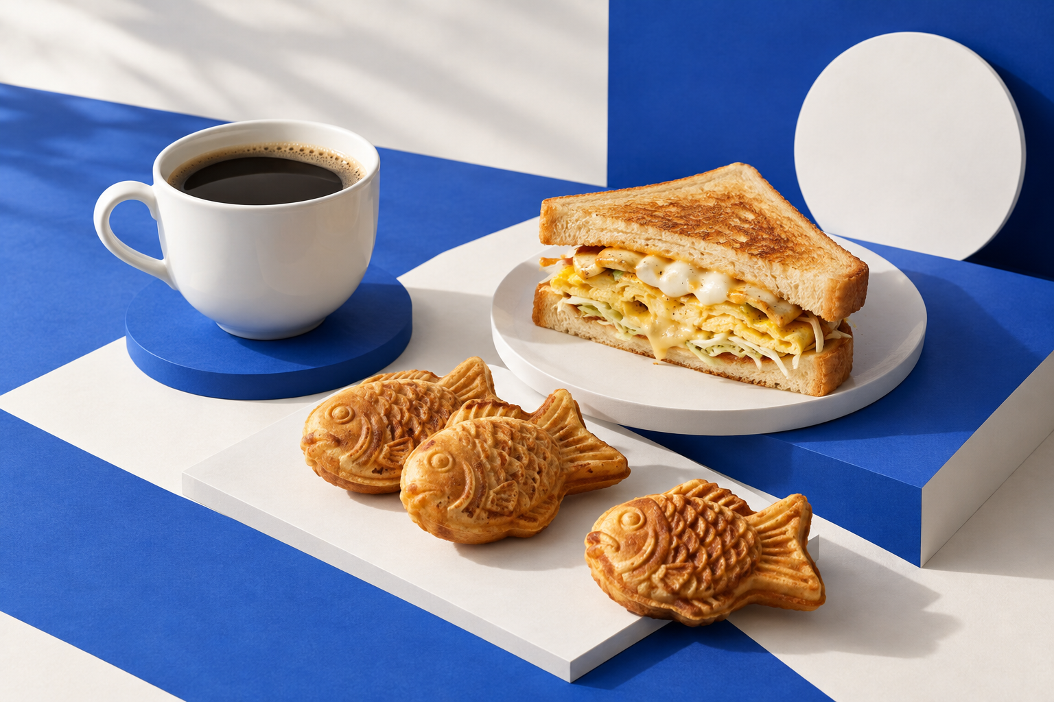 Illustrative concept still life with coffee, a breakfast sandwich, and fish-shaped waffles on cobalt and paper forms.