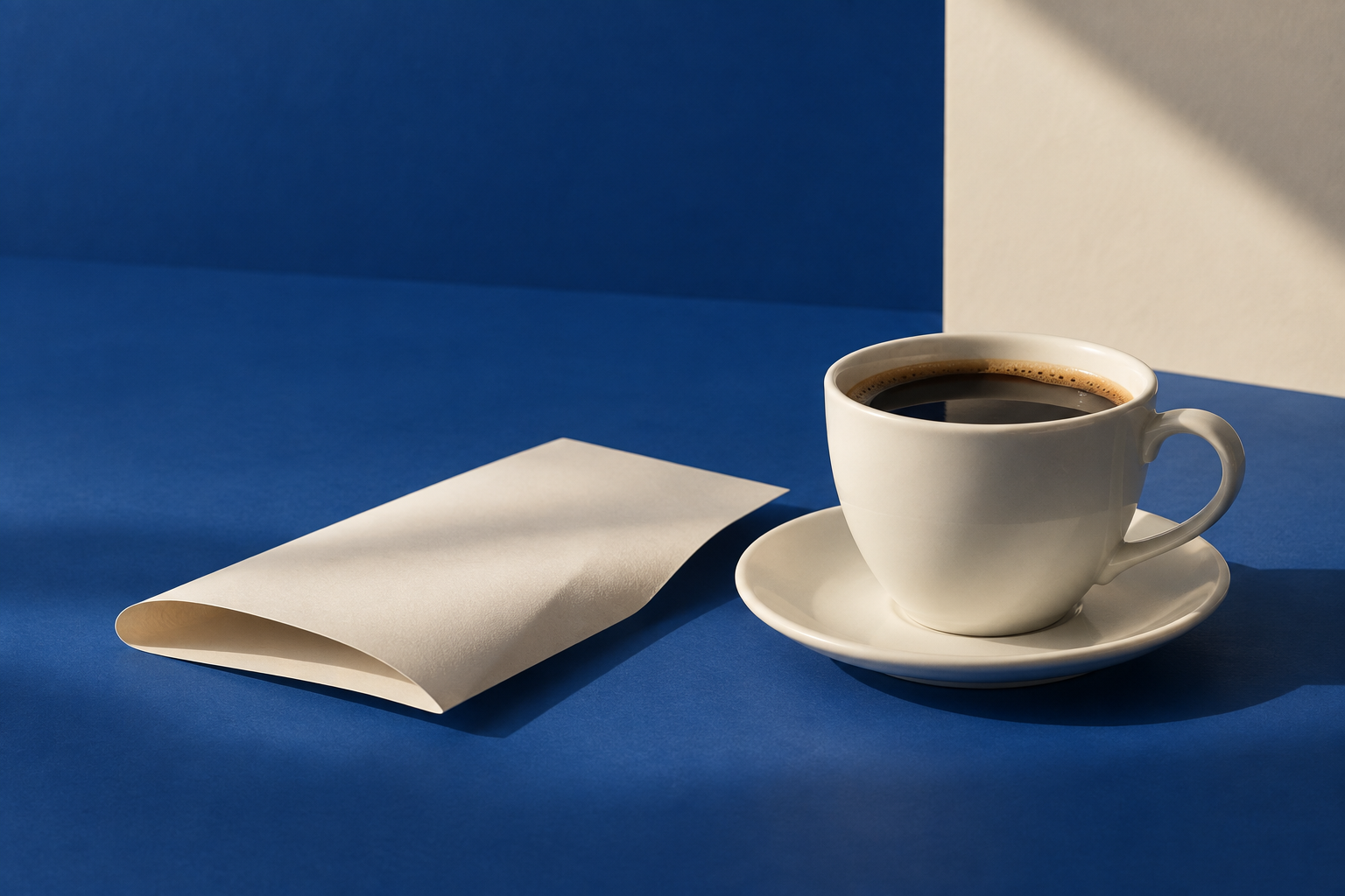 Illustrative concept still life of a white coffee cup and folded paper on cobalt blue.